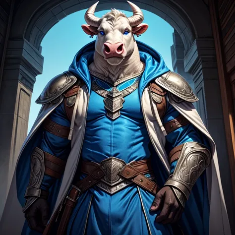 Thokker indigo blue costume  (   tall and large albino bull with blue eyes),   hooded jacket for men , , gentleman style   ,   dark armor, fluorescent blue horns,   fully dressed   