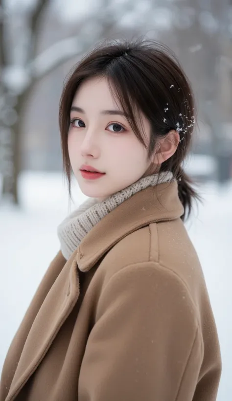  face:1.2、 photo quality、 Super Soft Focus 、Blurred background、A beautiful young woman standing in a snowy landscape, wearing a warm winter coat、 disheveled hair、Her body is slightly turned away from the camera, and she gazes into the distance, not directl...