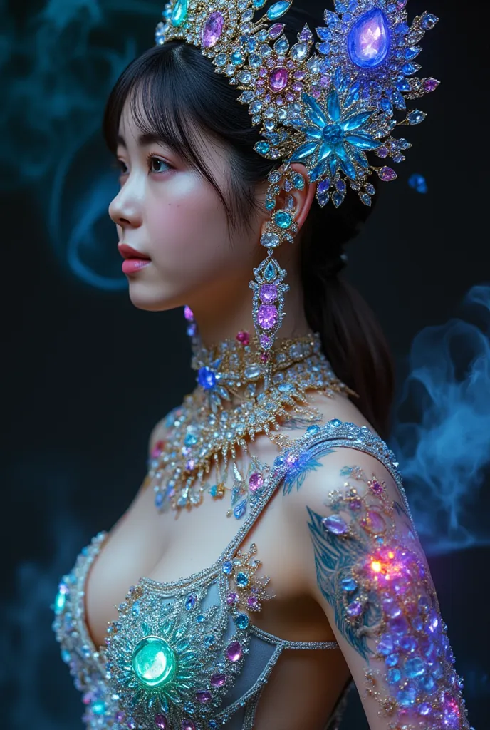 Gem Fairy, Jewelry ornaments, fantastic crown head ornaments, intricate details, super realistic, diamonds rubies, sapphires, emeralds, neck, arms, earrings, All very intricate, Originality Full body shot, Goddess with special qualities that allow her to c...