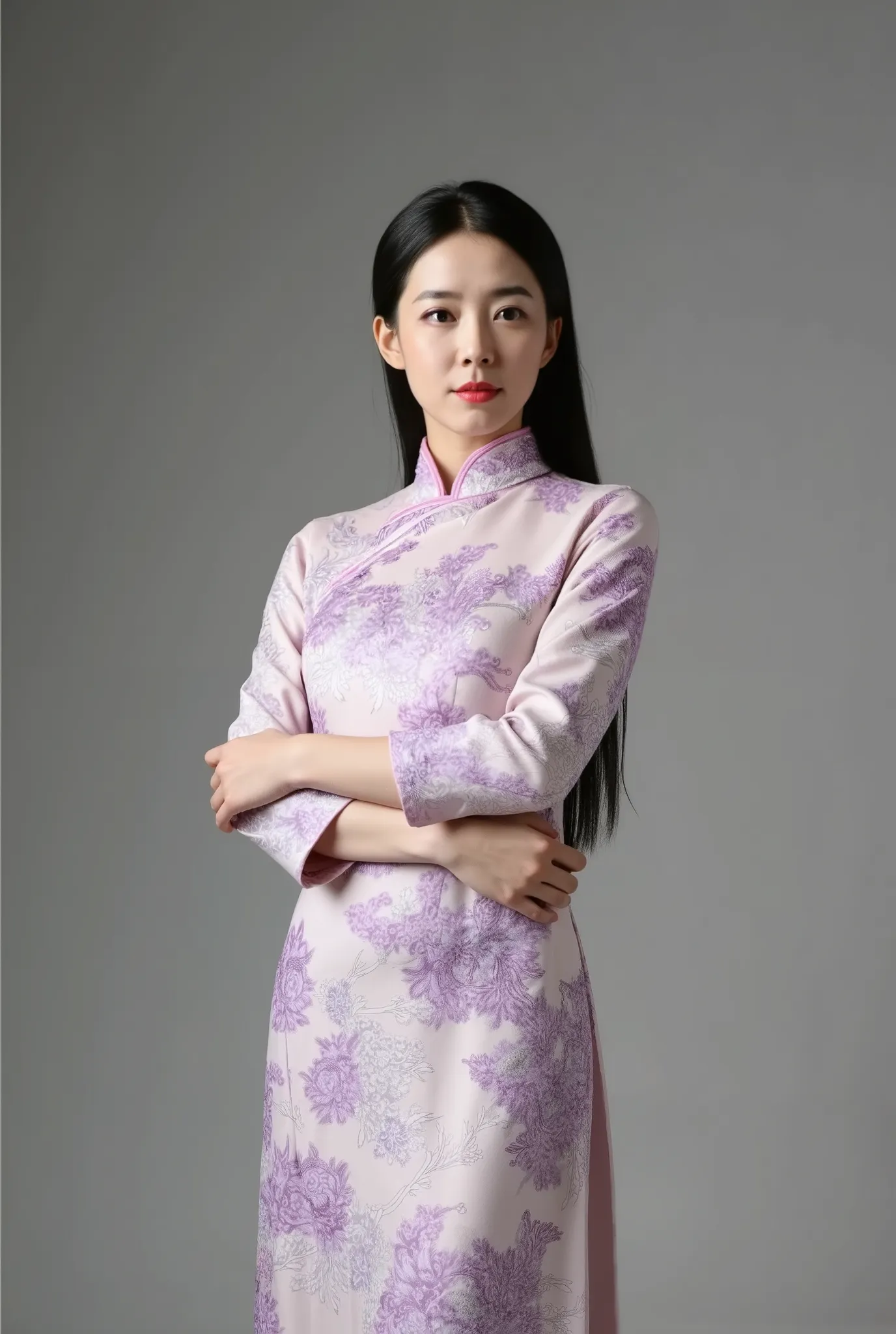 Chinese Cheongsam，Tang Sancai style，girl，Northern Europe，White skin，Extra long hair，Black Hair，Straight Hair
