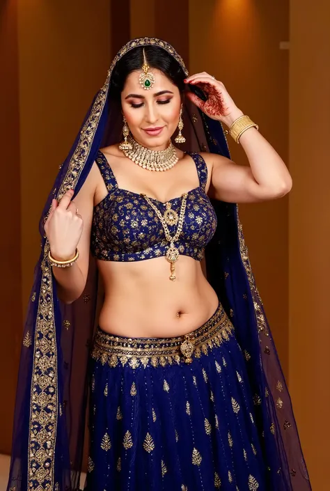 (masterpiece, best quality:1.2), She wears a deep royal blue lehenga, the gold zari work catching the firelight as she walks. Her sheer gold veil barely covers her sculpted waistline, leaving her perfect navel and toned stomach on full display. A grand mul...
