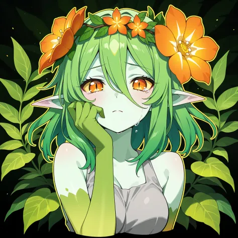 masterpiece, best quality, amazing quality, anime screencap. BREAK. 1girl, solo, monster girl, green skin, green hair, pointy ears, colored skin, looking at viewer, upper body, flower, hand up, plant girl, tears, colored sclera, hair between eyes, leaf, or...