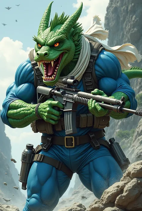 (A rugged beefy extremely muscular bulky snarling green chinese dragon), (wearing blue fullbody zipper wetsuit), shooting with rifle, wearing bulky harness, wearing bulky scuba gear, wearing white hero scarf, muscular physique, toned muscles, fierce, heroi...