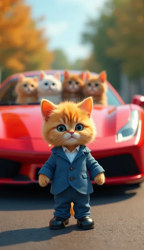 In cinematic 3D style, 4 K image, realistic image, colourful image.
character, Orange baby cat wearing blue suit white shirt and blue pant and black shoes.
Action,There is a road, a red Ferrari car is parked on the side of the road and inside the car five ...