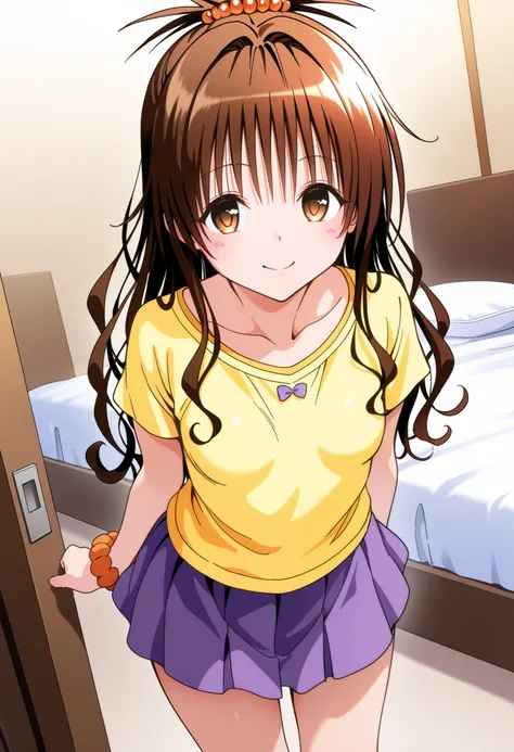  best quality , yellow shirts,  purple  skirt,  mini  skirt 、Yuki Mikan To Love Ru 、 tea hair、 brown eyes、 hair scrunchies 、 long hair、lovely small Breasts、 happy、White bedroom、 standing.  Dutch angle. 