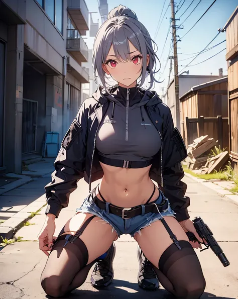  tactical anime-style adult female soldier wearing tactical gear with a fleshy, glamorous figure。 with short silver hair tied in a ponytail with a navy hair band 、 has red eyes 。Has an impatient expression。 equip it with black tactical armor over a gray ho...