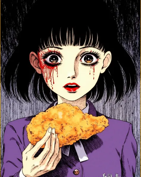 Art of Kazuo Umezu,    . cute girl, Expressionless, blood tears, face shadow, bangs, purple outfit, lipstick lips, darkness background, pretty face, Outstretched arm holding spicy fried chicken, hatching shadow, crosshatching,  (masterpiece, best quality:1...