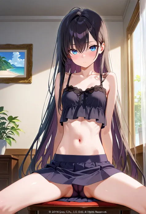 high resolution picture, masterpiece, best quality, amazing quality, official art, solo, girl, skinny, very long hair, spread legs, skirt, cameltoe, indoors