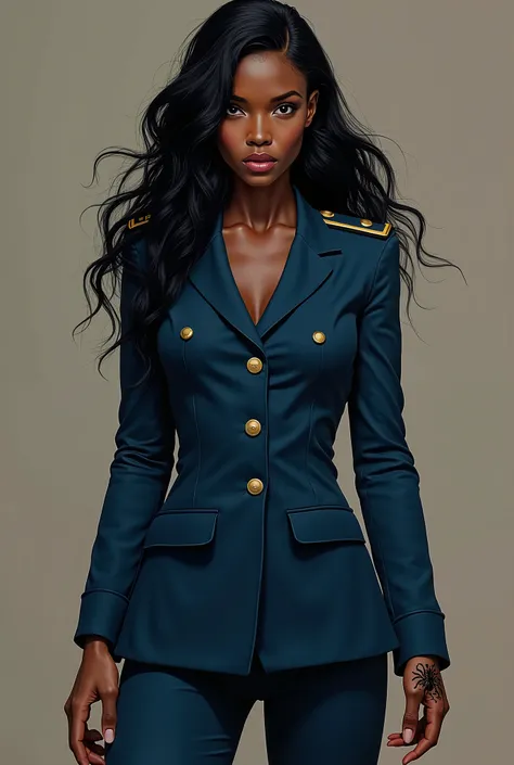 A tall black woman of 1 ,98, Long black hair with the left side shaved,  black eyes,  tanned skin , a spider tattoo on her hand and dressed in a blue military suit.