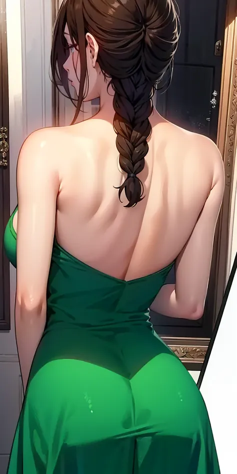  masterpiece,  Anatomically correct,  High Quality,  long hair ,  braid,  big breasts ,  mini dress,  green dress ,  with back , Home