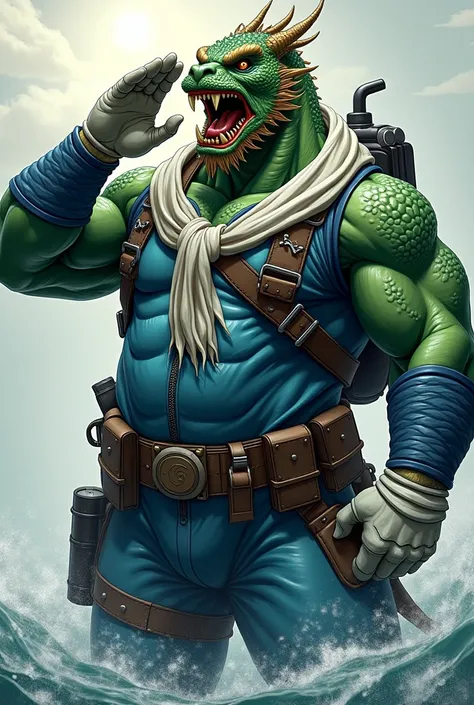 (A rugged beefy extremely muscular bulky snarling green old chinese dragon), (wearing blue fully-zipped fullbody wetsuit that cover his whole arms), saluting, wearing bulky harness, wearing bulky scuba gear, wearing white hero scarf, very muscular physique...