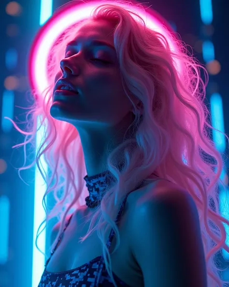 A mesmerizing, high-contrast photograph with a gritty, film-like quality, achieved through the use of negative infrared and cross-process techniques, resulting in an intense, neon-like glow. Ethereal glowing hair. The subject, a model, confidently with blu...