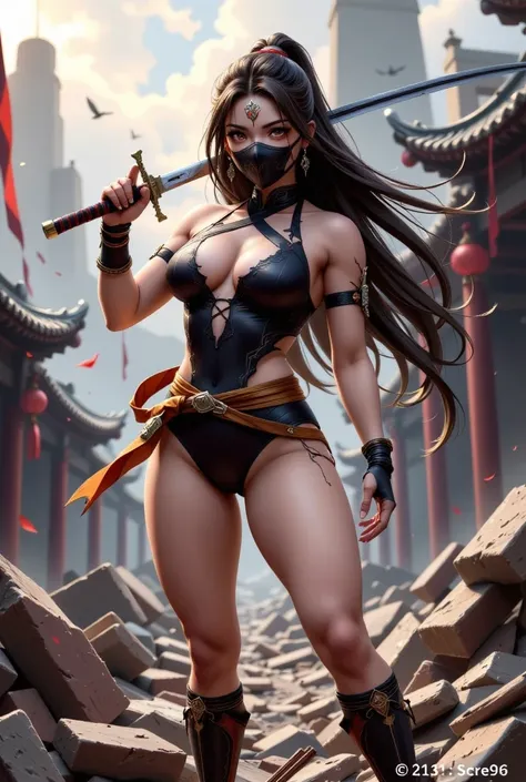  score _9,  score _8_arriba,  score _7_arriba,  masterpiece,  high realistic quality
 Ktana,  long hair,  earrings, leotard, cross clothing:1.2, armband, bracelet, Gloves, socks, Ancient China,  mouth mask, dual handle , foldable fan ,  hand fan , blood, b...