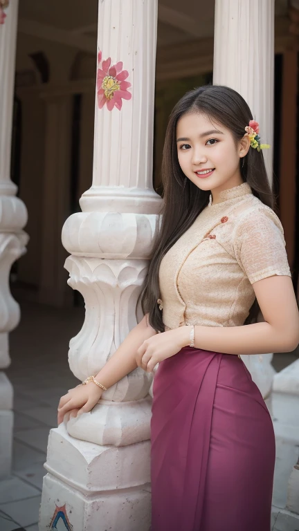 Inside the facade of a large building, there are various styles of gestures on the pillars decorated with Agta along the road and the tiles laid along the road.  A young Burmese woman in her 20s who wears different clothes and shows the most beautiful smil...