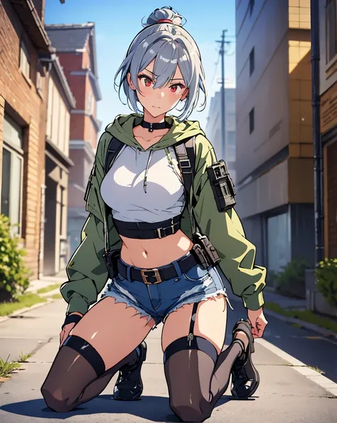  tactical anime-style adult female soldier wearing tactical gear with a fleshy, glamorous figure。 with short silver hair tied in a ponytail with a navy hair band 、 has red eyes 。Has an impatient expression。 equip it with black tactical armor over a gray ho...