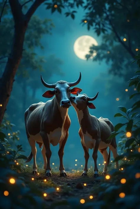 The cow and her victorious husband stand together in a beautiful part of the jungle, surrounded by glowing fireflies and a gentle breeze. The cow lovingly nuzzles her husband in gratitude, while he stands proudly. The jungle, once filled with tension, is n...