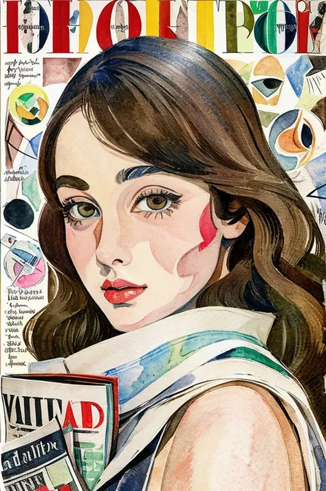 sketched,  watercolor painting ,  Collage by Picasso and Robert Delaunay , cubism, abstract, cute daughter,  big dark brown eyes, Little red cheeks , long-haired black , face-centered,  Against the backdrop of fashion newspapers and magazines,  intricate b...