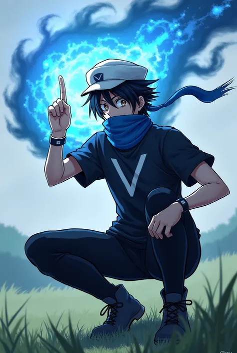  Male person , normal skin,  black hair, brown eyes,  wears a black shirt with the letter  (V) celeste,  black tights ,  black joggers , black boots ,  captain's white cap , leather lenses ,  a scarf around his mouth in blue and white ,  extends his left h...