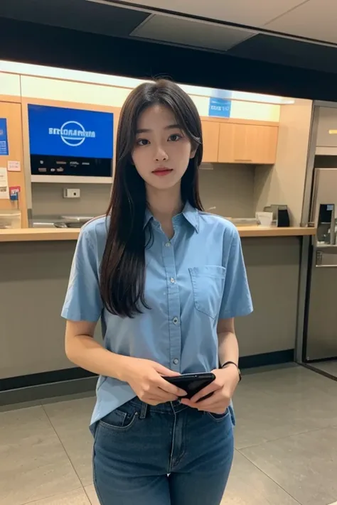   smartphones,  excellent performance,  very high resolution , (Realistic images:1.5), 45 Degree Side Blue Student Shirt, 2 Loose Buttons, BTS Ticket Vending Seat