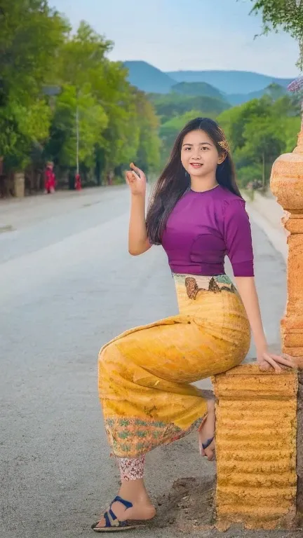 Inside the facade of a large building, there are various styles of gestures on the pillars decorated with Agta along the road and the tiles laid along the road.  A young Burmese woman in her 20s who wears different clothes and shows the most beautiful smil...