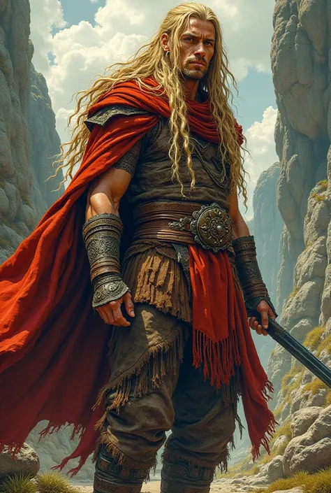  to create the image of a man "Barbarian Warrior"  hair eye,  from head to toe . He's in boots, character of "oriental features"  and long blond hair with braids .  he has brown eyes.  the art style will be the darkest comic comic book .  Simulate the Sett...