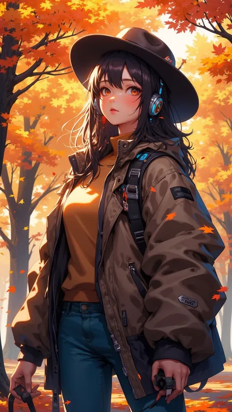  Girl listening to music ， She wears Jacket and Jeans ，Girl with hat ， The background is in an autumn-themed park。 leaves fall from tree ， The picture focuses on the girl's upper body ， with emphasis above waist 。 Color palette to emphasize autumn colors 。