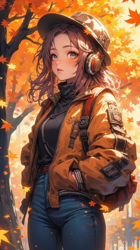  Girl listening to music ， She wears Jacket and Jeans ，Girl with hat ， The background is in an autumn-themed park。 leaves fall from tree ， The picture focuses on the girl's upper body ， with emphasis above waist 。 Color palette to emphasize autumn colors 。