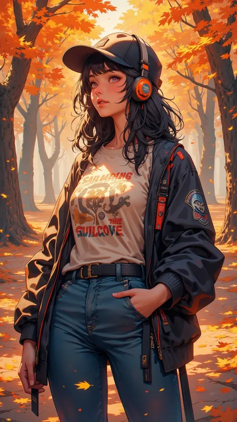  Girl listening to music ， She wears Jacket and Jeans ，Girl with hat ， The background is in an autumn-themed park。 leaves fall from tree ， The picture focuses on the girl's upper body ， with emphasis above waist 。 Color palette to emphasize autumn colors 。