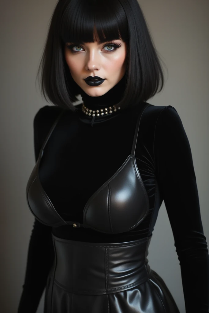 Goth girl,  black Chanel hair with bangs , big gorgeous breasts ,  sexy pose,  tight smooth velvet shiny turtleneck,  black leather glossy short pencil skirt,  black neck accessory ,  black gothic makeup 