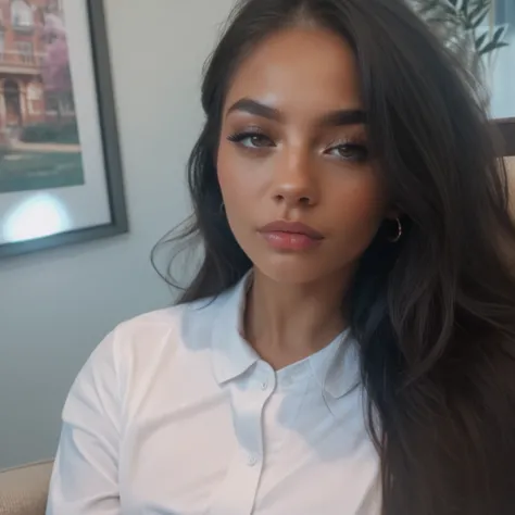 there is a middle aged black woman with long hair sitting on a couch, she is facing the camera, with professional makeup