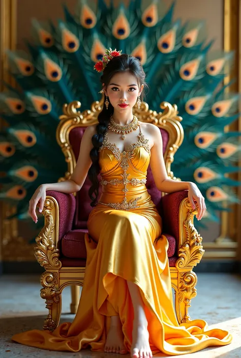 Create a hyper-realistic digital image of a beautiful Thai girl, sharp beautiful eyes, perfect face, wearing a golden Thai silk dress decorated with beautiful Thai jewelry, barefoot sitting in a beautiful pose on a golden throne on a marble floor, a very w...