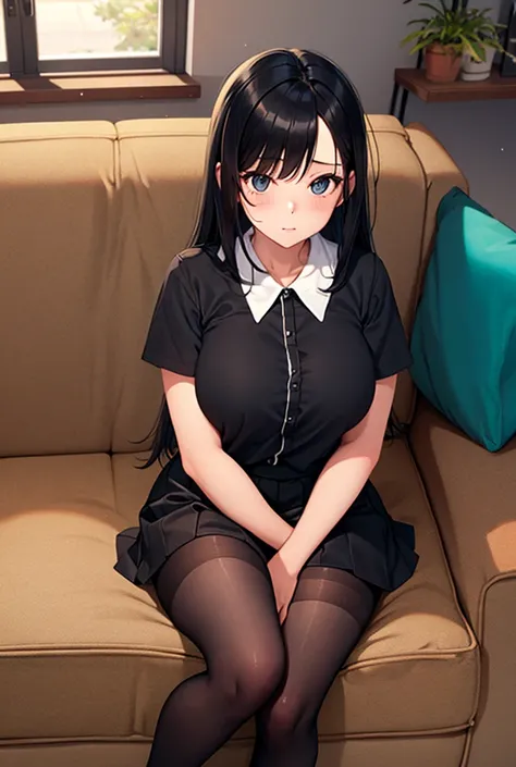 A girl,Pecho enorme,  thick thighs,  black hair, black mangalarga black,  black mask,  black skirt,  black tights ,  black shoes.  sitting on a couch.