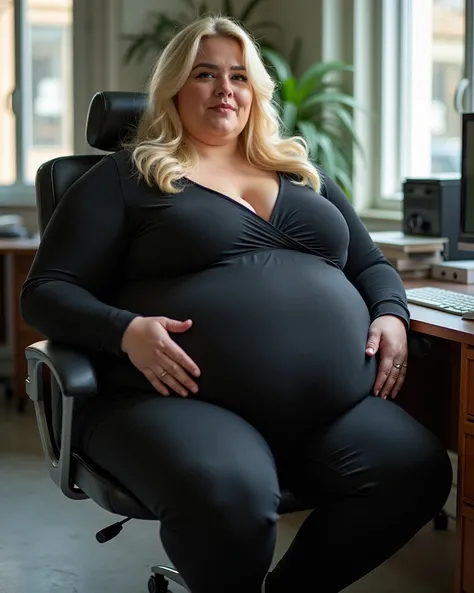 Beautiful plus-size model wearing tight office clothing, young woman, white woman, elegant blonde hair, beautiful blonde hair, sitting in office chair, office setting, too fat for chair, too fat to stand up, hyper obesity, morbidly obese, morbidly obese wo...