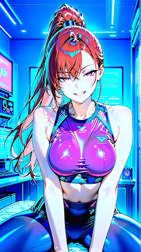 1 girl,Alone ,( absurd, high,  ultra detailed), background player room,  long hair,playertech, neon, player,,Plano holandés,  player wearing yoga clothing ,  ohwx woman, Jayden Jaymes, red hair, high ponytail , long hair, looking at the spectator,  seducti...