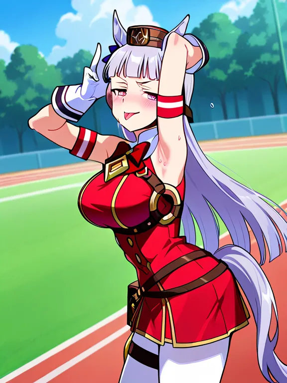 score_9, score_8_up, score_7_up, source_anime, anime screencap, 1girl, solo, gold ship umamusume, purple eyes, grey hair, horse ears, blunt bangs, long hair, pillbox hat, horse tail, red bow, armband, red dress, sleeveless dress, double-breasted, white glo...