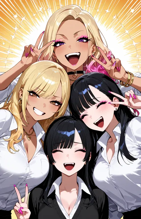 sfw,gyaru,cool beauty,3 women,black hair,medium breast, v,upper body, laughing,