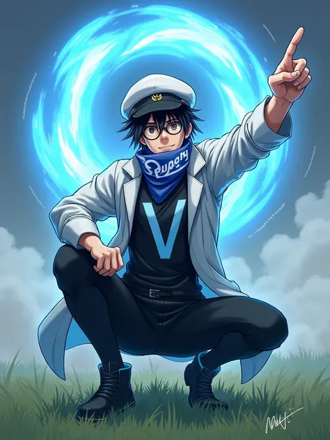  Male person , normal skin,  black hair, brown eyes,  wears a black shirt with the letter  (V) celeste,  unbuttoned white coat ,  black tights ,  black joggers , black boots ,  captain's white cap , leather glasses ,  a scarf around his mouth in blue and w...