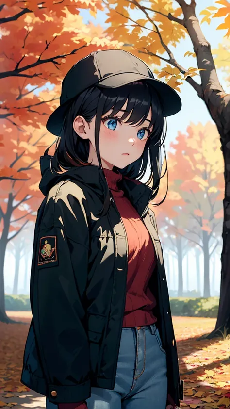  Girl listening to music ， She wears Jacket and Jeans ，Girl with hat ， The background is in an autumn-themed park。 leaves fall from tree ， The picture focuses on the girl's upper body ， with emphasis above waist 。 Color palette to emphasize autumn colors 。