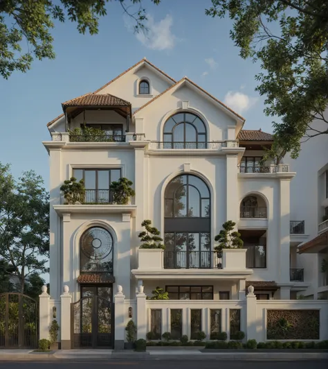 exterior of indochine villa, streetcapes, clear sky, few cloud, interior warm lighting, morning sunlight,minimalist landscaping, featuring lush greenery, textured walls, and natural materials. The villa is set under a blue sky with scattered clouds, casti...