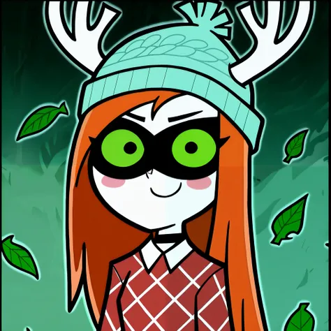 masterpiece, best quality, amazing quality, anime screencap. BREAK. green eyes, solo, hat, green sclera, mask, 1girl, antlers, shirt, smile, leaf, beanie, :3, upper body, orange hair, looking at viewer, long hair, horns, red shirt, closed mouth, blush, pla...