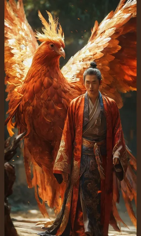 arafed image of a hensem man in a robe and a large bird, young wan angel, phoenix warrior, by Yang J, edgar maxence and ross tran, chinese fantasy, ''wallpaper of a phoenix resting, akira from chinese mythology, by Zhou Chen, ''wallpaper of a phoenix, by H...