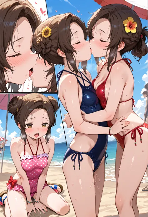   young,  breasts of different sizes , close ,sweat, love juice , ,saliva,color々 hairstyle,kiss, sandals on the skin, Costume, swimsuit, beach, parasol