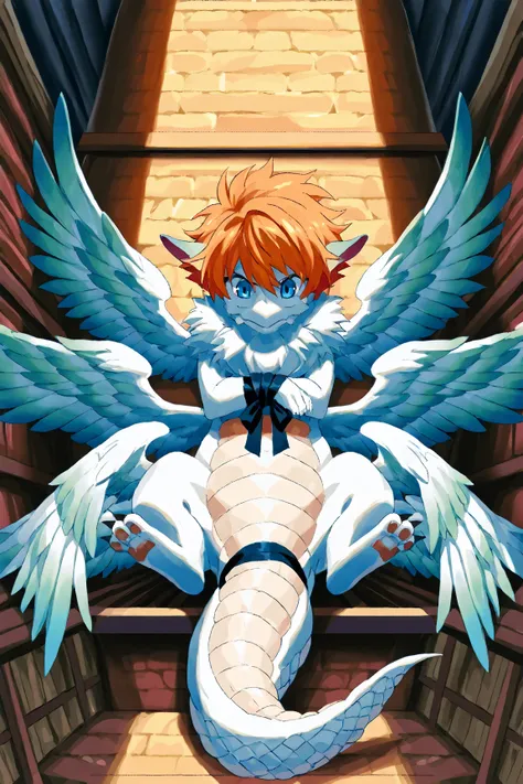 Play bow
Back view of the whole body with wings spread
I'm carrying a big person on my back

The storehouse for sitting in the middle is tied up

Orange hair, source_anime,solo femboy,dragon,highest quality, blue eye, dragon tail, cute, white body,feathere...