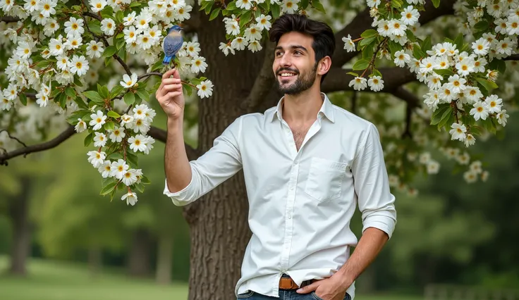 A young man in his late 20s with short, slightly wavy dark brown hair, light stubble, and warm brown eyes stands beside a once-barren tree that is now covered in blossoming flowers and vibrant green leaves. He wears a white button-up shirt with rolled-up s...