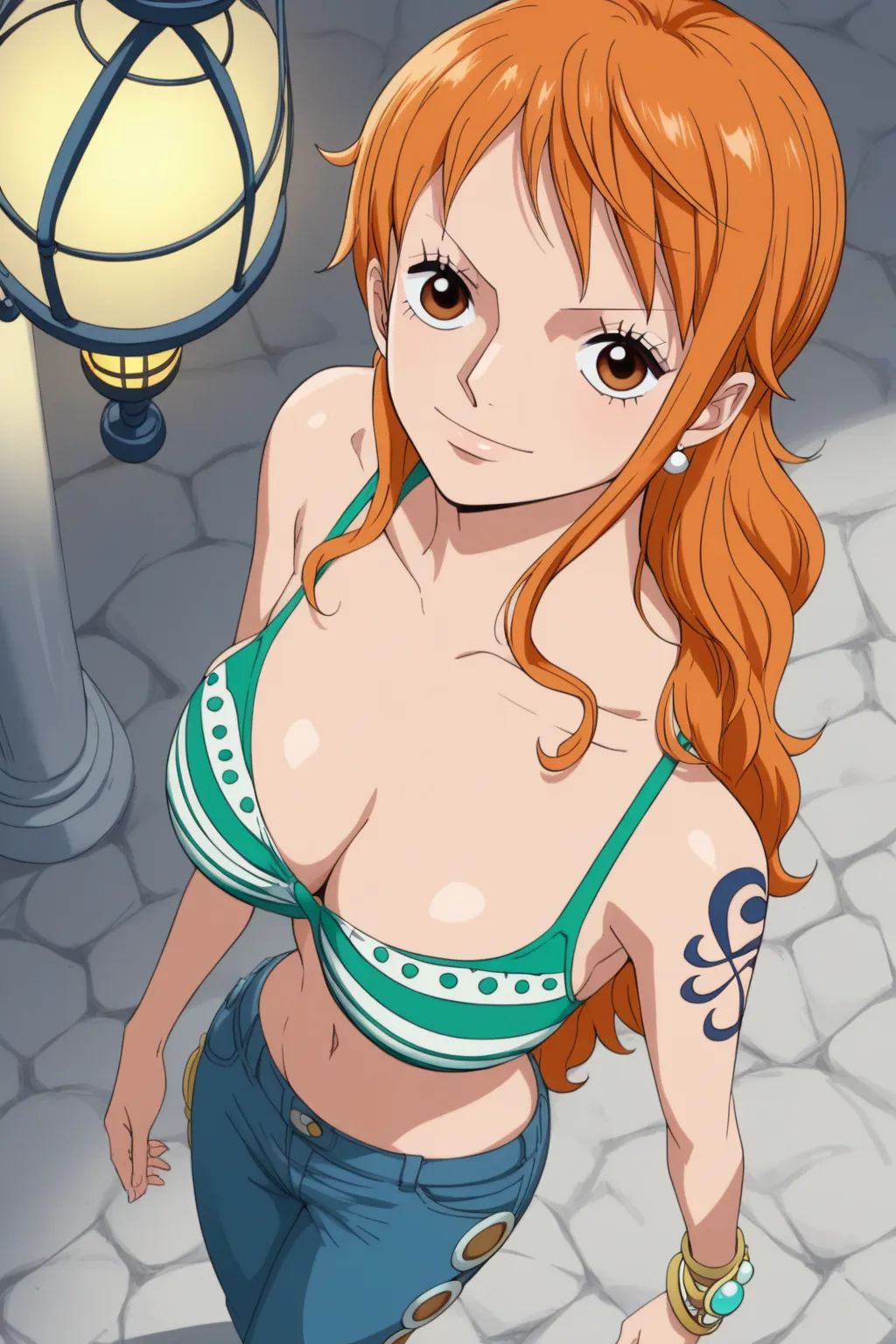 score_9, score_8_above, score_7_above, score_6_above, score_5_above, score_4_above, to break, source_anime, Nami one piece,  lamp,  orange hair, 1 ,  apenas ,  big boobs, jeans,  perfectly highlight complex anatomical features.  SFX symbol complement the v...