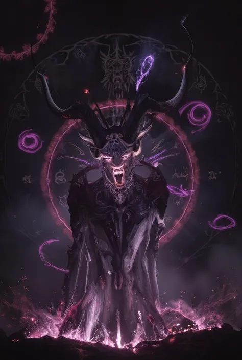 A demon with glowing horns and circles behind him showing demonic writing. Dark background, dark colors, bright glowing lights. Symbols and shapes floating in the background