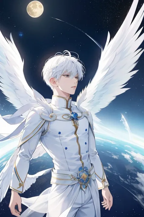 anime character with  white wings flying in the sky, enormes  white wings brillantes,  Ethereal Animation , God of the Moon,  The Majestic Angel ,  White-haired God , Guiding Angel ,  white wings, glowing angel ,  Infinite Angel Wings ,  Angel of Ethereal ...