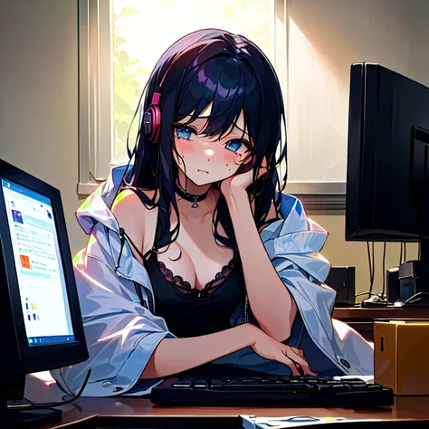 1５ year old girl、 Solo Girl、dark room、 messy room、 black hair、 long hair、Shyness、Dead eyes、timid、otaku、 black camisole、white hood jacket 、 dark room、 computer、One monitor  、 B Cup、Droopy eyes、、night、 dark room、Headphone on the neck、Talking、Now Available、pa...