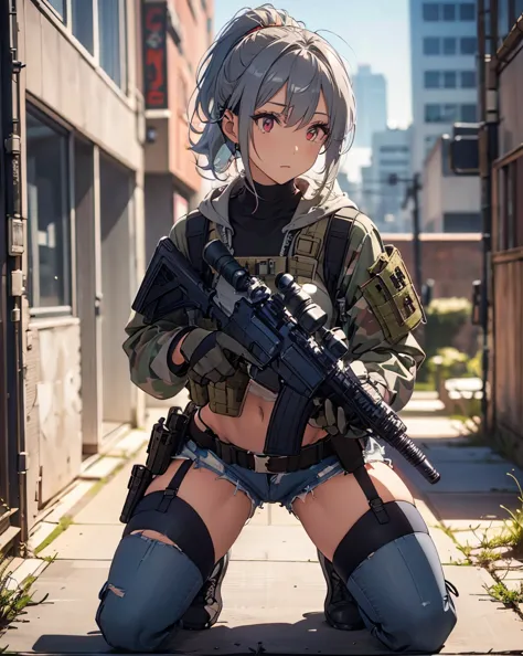  tactical anime-style adult female soldier wearing tactical gear with a fleshy, glamorous figure。 with short silver hair tied in a ponytail with a navy hair band 、 has red eyes 。Has an impatient expression。 equip it with black tactical armor over a gray ho...