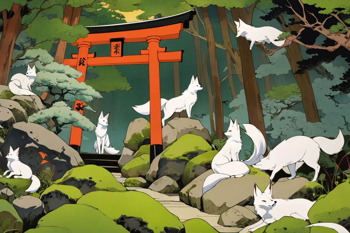 ukiyo-e,      super high resolution   ,       Beautiful Traditional Japanese Culture  , A large number of white foxes 、 fairy fox women 、 in an ancient forest 、 mossy shrine made of stones、 vermilion torii 、Golden Cloud、 ink painting、

